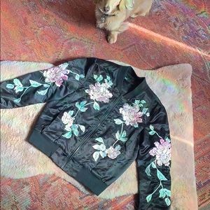 Embroidered satin rose jacket bomber